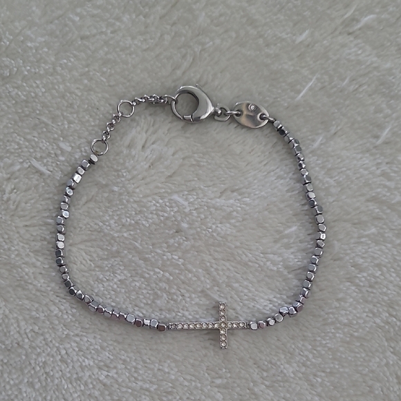 Fossil Jewelry - Fossil Silver Tone Cross Bracelet Beaded Chain Adjustable Crystal Accent Dainty